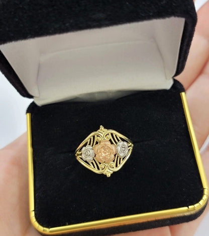 10k Trio Gold Lady Flower Ring Womens Casual Yellow Band Real 10kt Unique Design - Reva Jeweler
