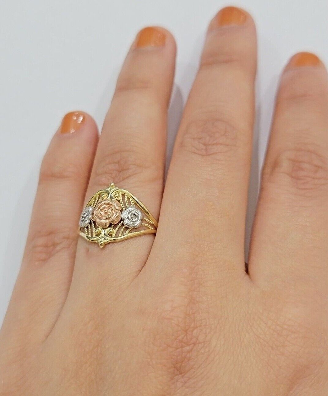10k Trio Gold Lady Flower Ring Womens Casual Yellow Band Real 10kt Unique Design - Reva Jeweler