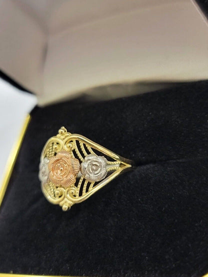 10k Trio Gold Lady Flower Ring Womens Casual Yellow Band Real 10kt Unique Design - Reva Jeweler