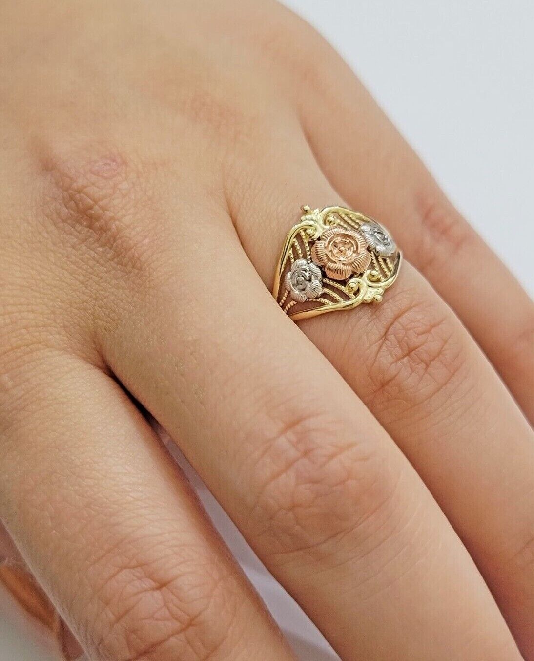 10k Trio Gold Lady Flower Ring Womens Casual Yellow Band Real 10kt Unique Design - Reva Jeweler