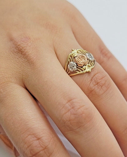 10k Trio Gold Lady Flower Ring Womens Casual Yellow Band Real 10kt Unique Design - Reva Jeweler