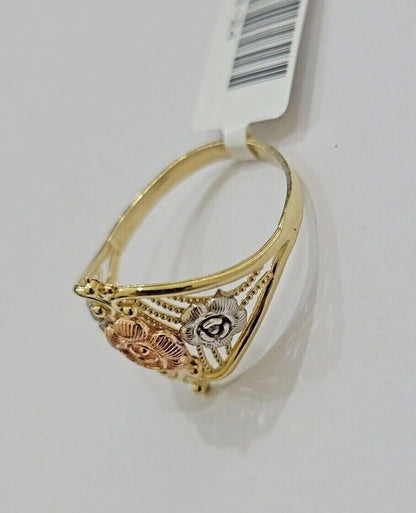 10k Trio Gold Lady Flower Ring Womens Casual Yellow Band Real 10kt Unique Design - Reva Jeweler
