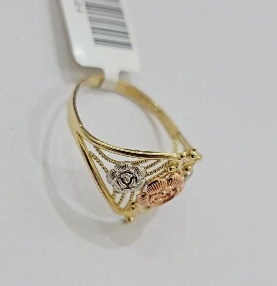 10k Trio Gold Lady Flower Ring Womens Casual Yellow Band Real 10kt Unique Design - Reva Jeweler