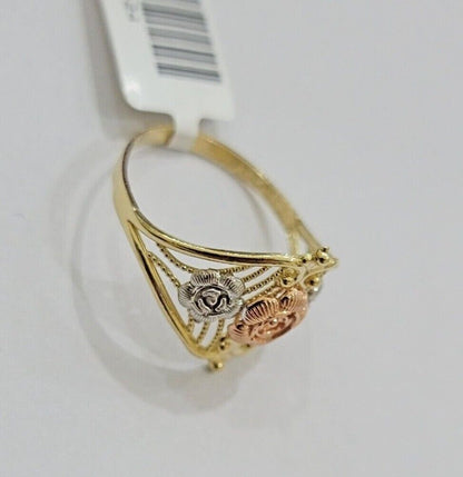 10k Trio Gold Lady Flower Ring Womens Casual Yellow Band Real 10kt Unique Design - Reva Jeweler