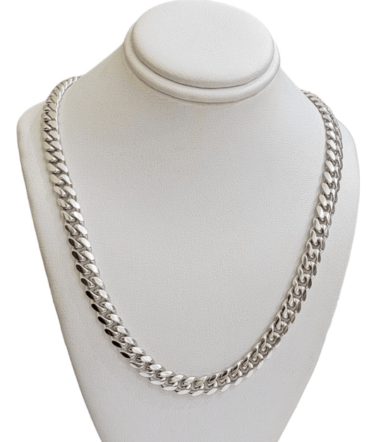 10k White Gold Chain Miami Cuban Link Necklace 26 Inch 7mm, Real Mens 10KT Solid - Reva Jeweler