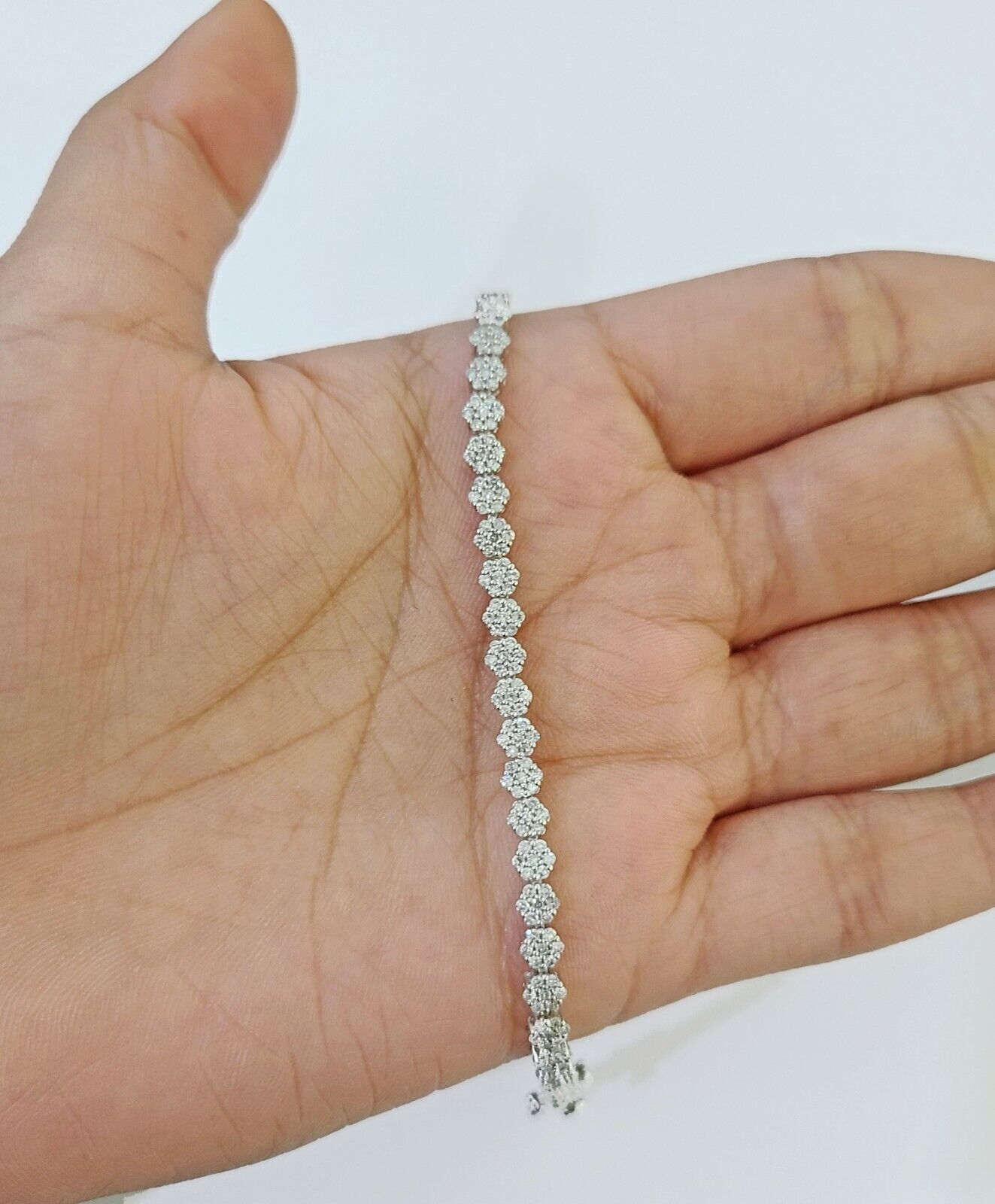 10k White Gold Diamond Flower Bracelet Real Box Clasp Women Genuine - Reva Jeweler