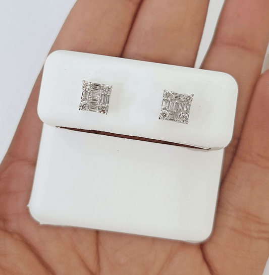 10k White gold Sqaure Earrings Real Diamond screw - back Women Men Studs - Reva Jeweler