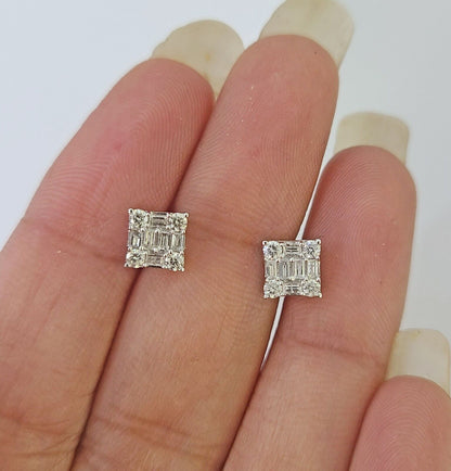 10k White gold Sqaure Earrings Real Diamond screw - back Women Men Studs - Reva Jeweler