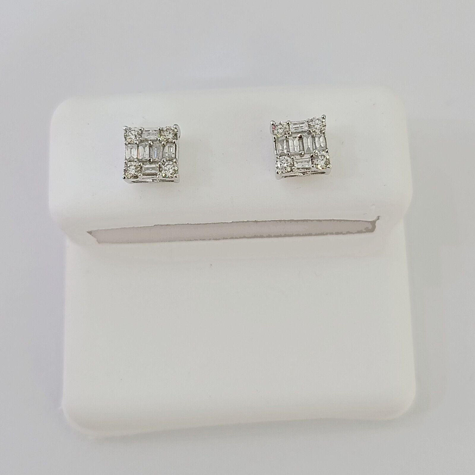 10k White gold Sqaure Earrings Real Diamond screw - back Women Men Studs - Reva Jeweler