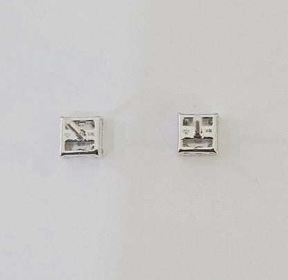 10k White gold Sqaure Earrings Real Diamond screw - back Women Men Studs - Reva Jeweler