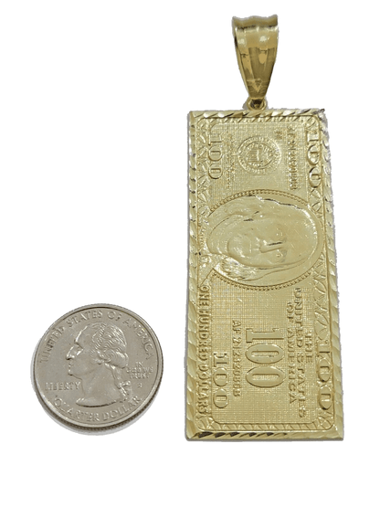 10k Yellow Gold 100 Dollar Bill Charm Pendant 3.5 Inch Necklace Chain SALE Real - Reva Jeweler