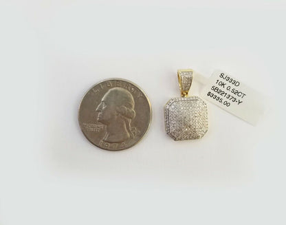 10K Yellow Gold 1/2 CT Real Diamond Pillow Charm 1"Inch Square 3D Dome Pendant - Reva Jeweler