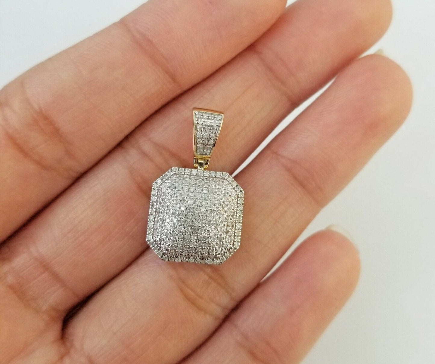 10K Yellow Gold 1/2 CT Real Diamond Pillow Charm 1"Inch Square 3D Dome Pendant - Reva Jeweler