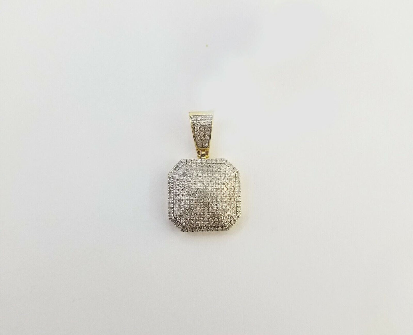10K Yellow Gold 1/2 CT Real Diamond Pillow Charm 1"Inch Square 3D Dome Pendant - Reva Jeweler