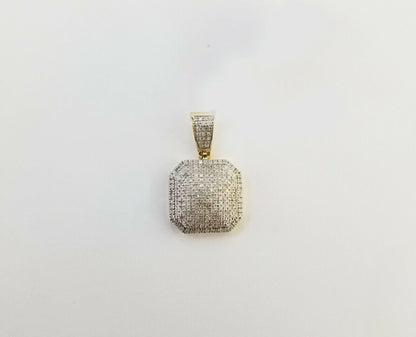 10K Yellow Gold 1/2 CT Real Diamond Pillow Charm 1"Inch Square 3D Dome Pendant - Reva Jeweler
