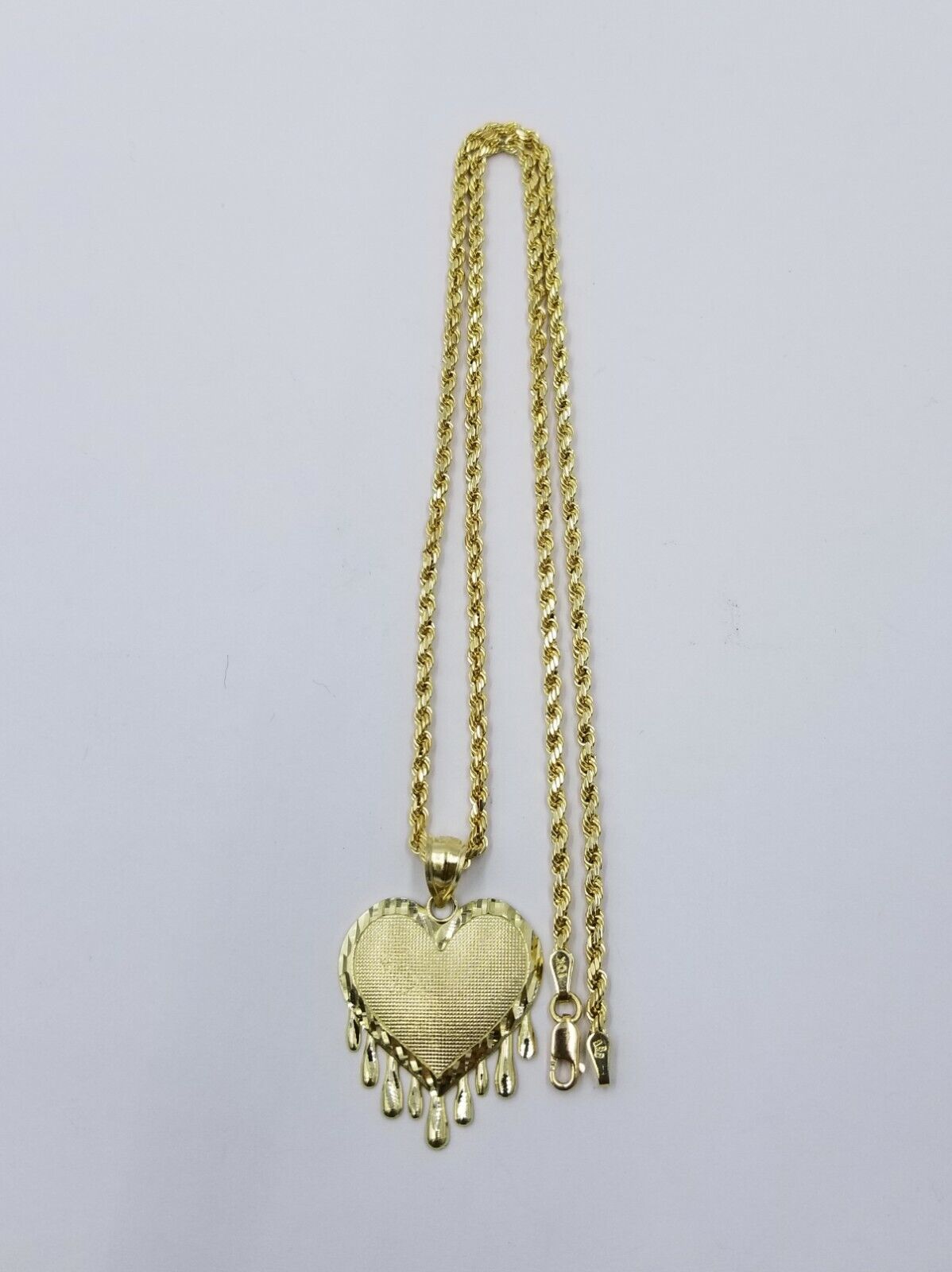 10k Yellow Gold 2.5mm Rope Chain Necklace Dripping Heart Diamond Cut Pendant - Reva Jeweler