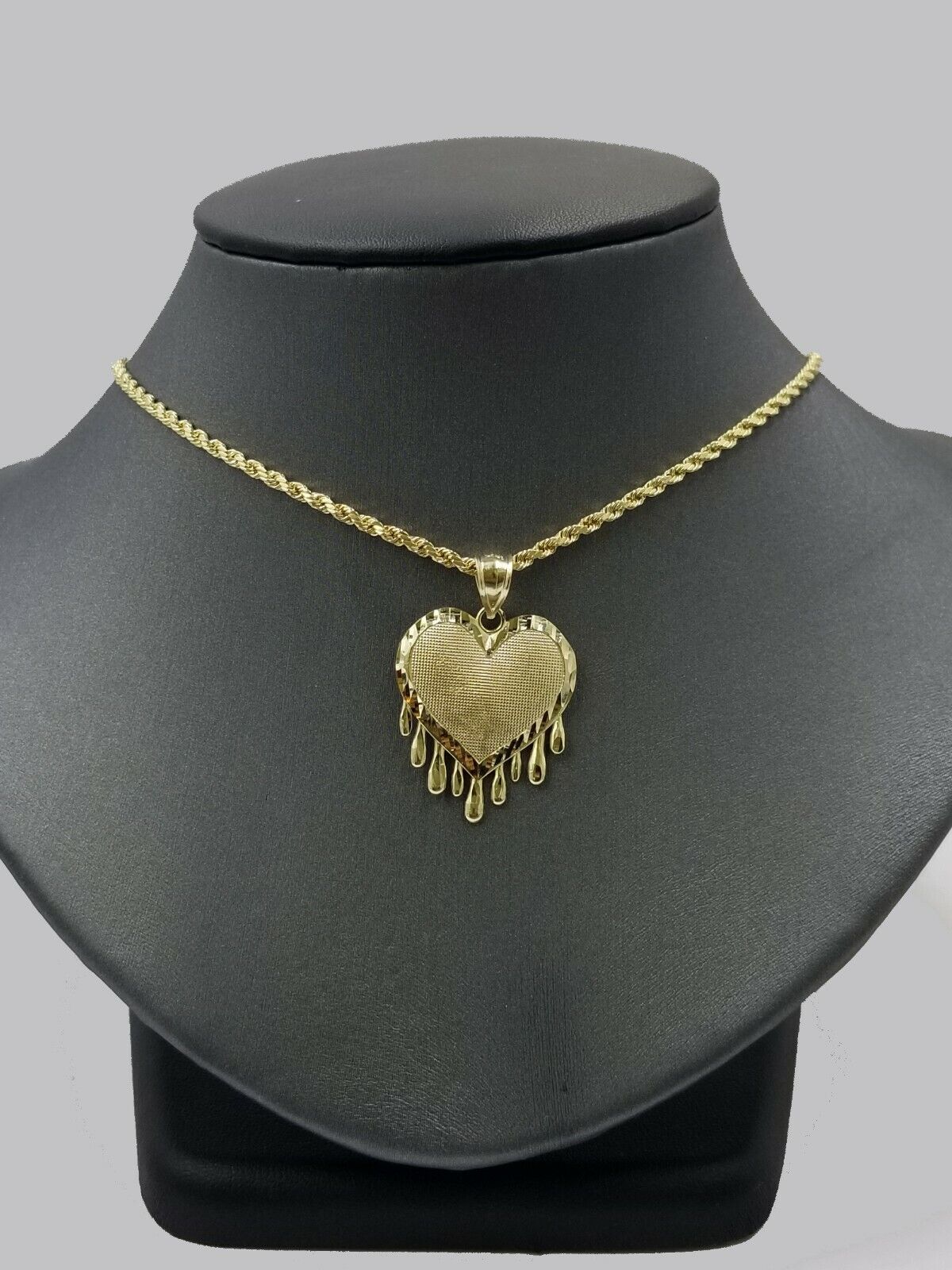 10k Yellow Gold 2.5mm Rope Chain Necklace Dripping Heart Diamond Cut Pendant - Reva Jeweler
