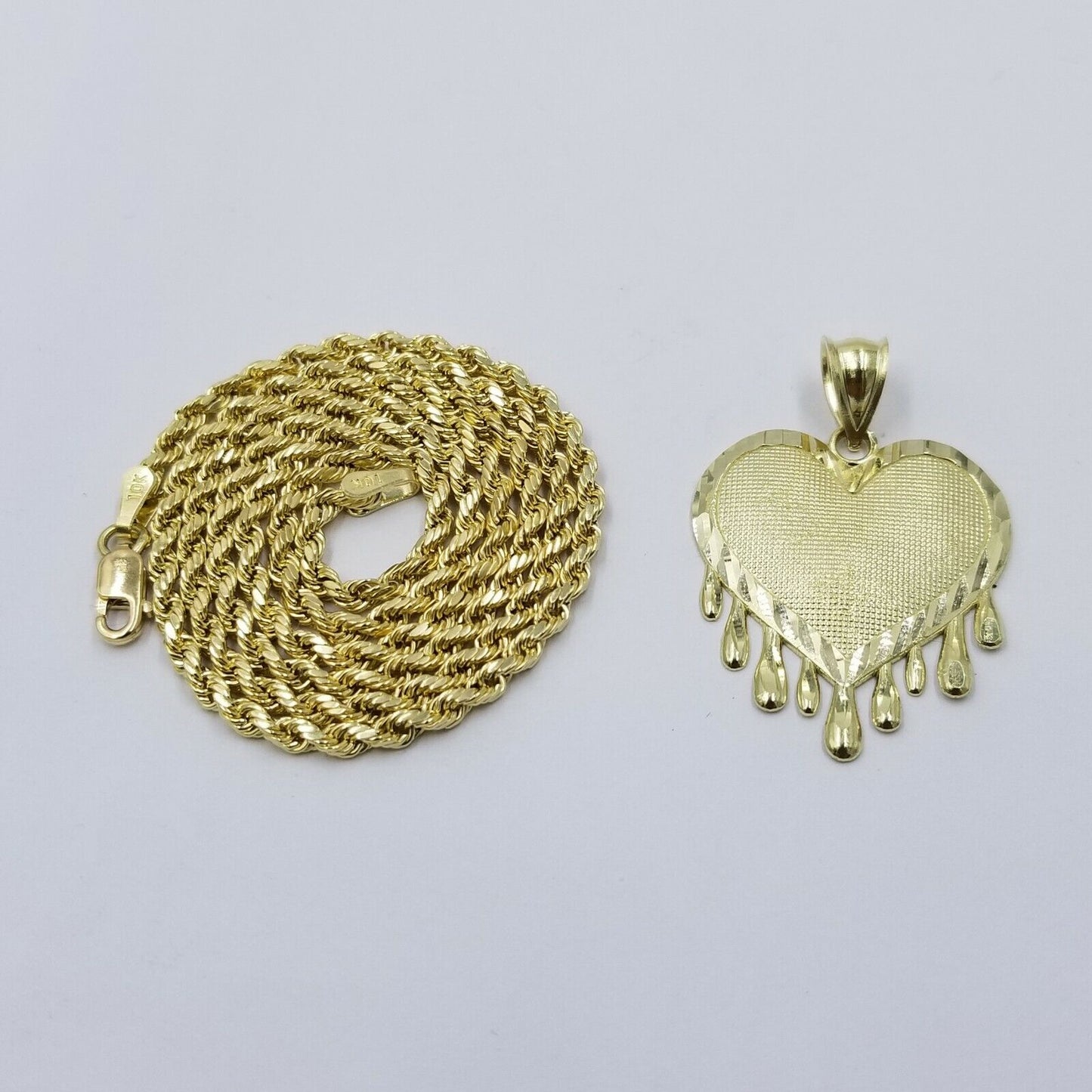 10k Yellow Gold 2.5mm Rope Chain Necklace Dripping Heart Diamond Cut Pendant - Reva Jeweler