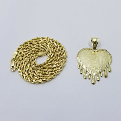 10k Yellow Gold 2.5mm Rope Chain Necklace Dripping Heart Diamond Cut Pendant - Reva Jeweler