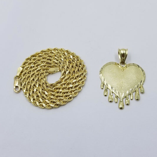 10k Yellow Gold 2.5mm Rope Chain Necklace Dripping Heart Diamond Cut Pendant - Reva Jeweler