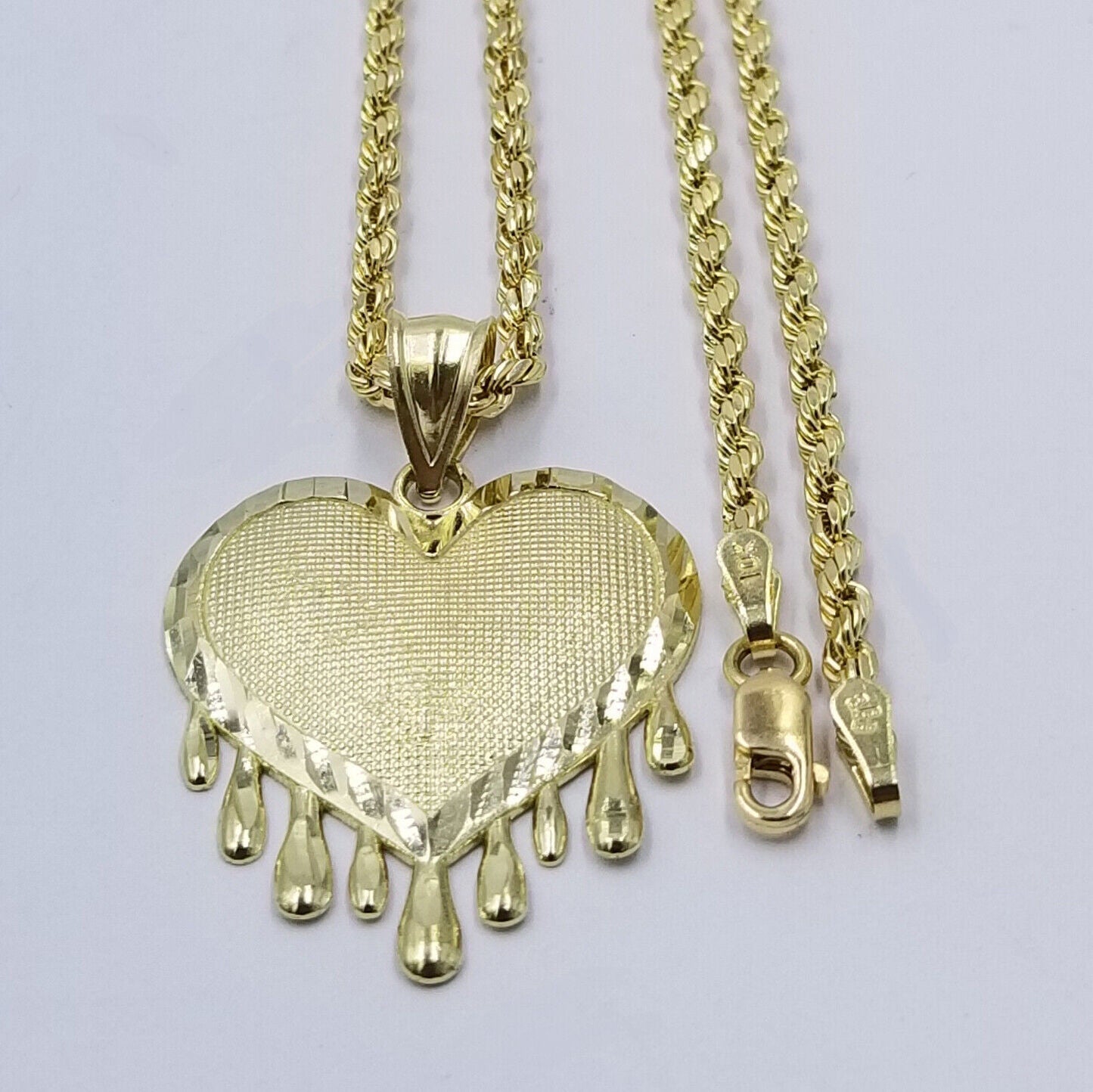 10k Yellow Gold 2.5mm Rope Chain Necklace Dripping Heart Diamond Cut Pendant - Reva Jeweler