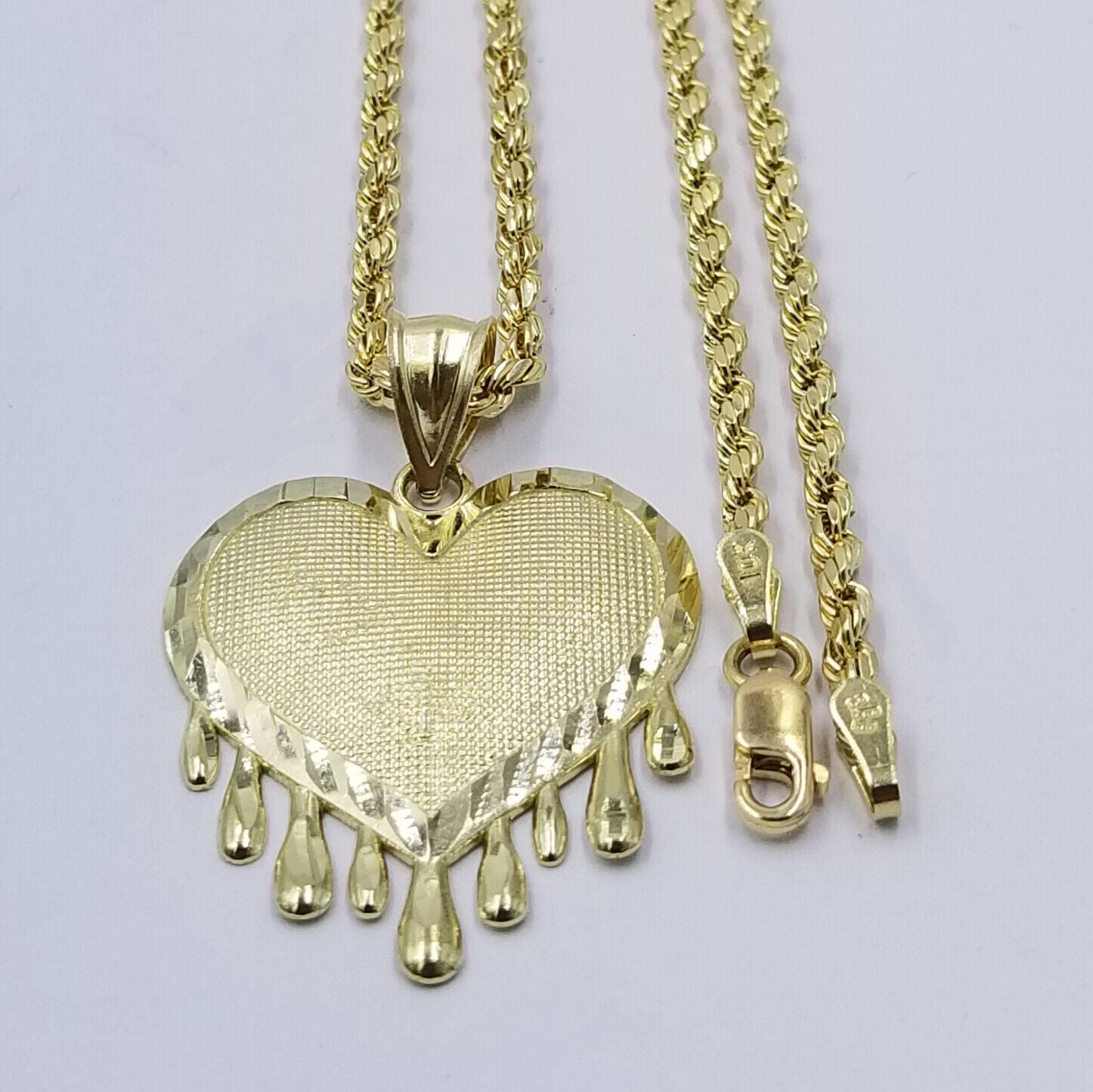 10k Yellow Gold 2.5mm Rope Chain Necklace Dripping Heart Diamond Cut Pendant - Reva Jeweler