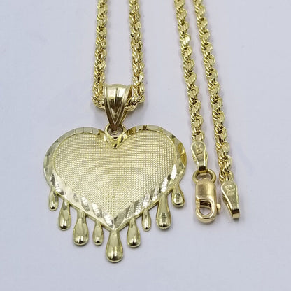 10k Yellow Gold 2.5mm Rope Chain Necklace Dripping Heart Diamond Cut Pendant - Reva Jeweler