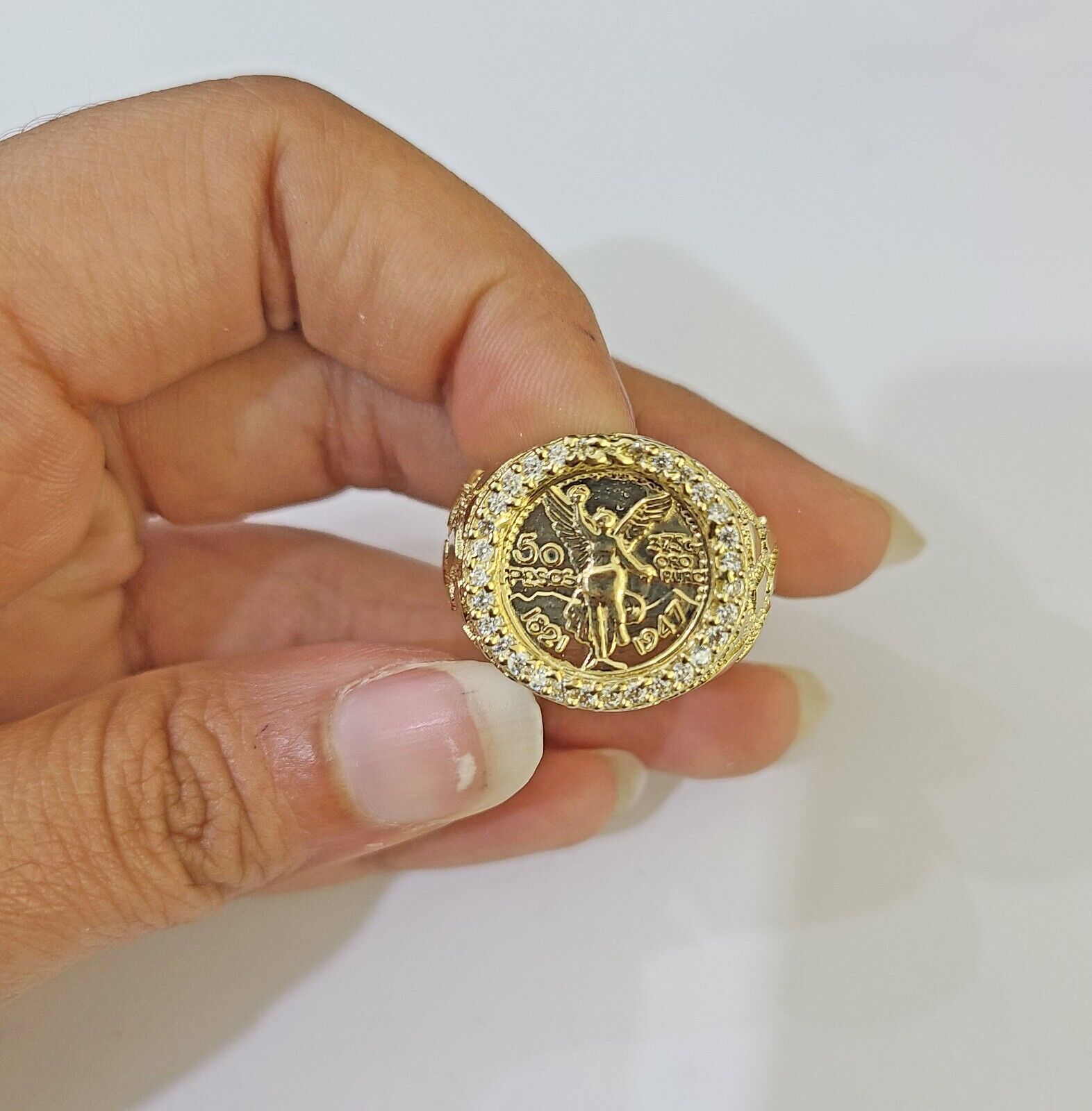 10k Yellow Gold 50 Pesos CZ Ring 1947 Mexico/Mexican Ring - Reva Jeweler