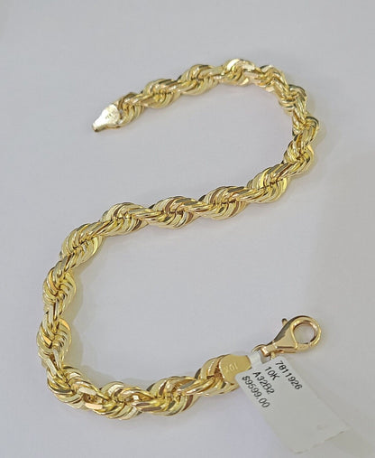 10K Yellow Gold 7.5" 8" 8.5" 9" Rope Bracelet Solid 7mm Men Women Diamond Cut - GoldenlinQ