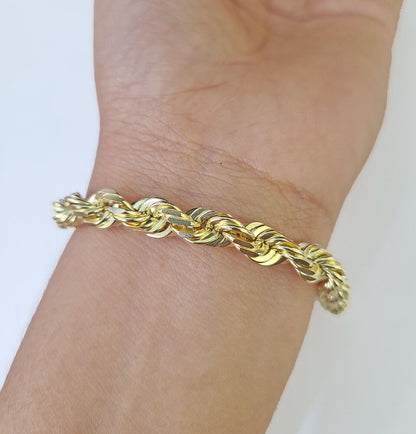 10K Yellow Gold 7.5" 8" 8.5" 9" Rope Bracelet Solid 7mm Men Women Diamond Cut - GoldenlinQ