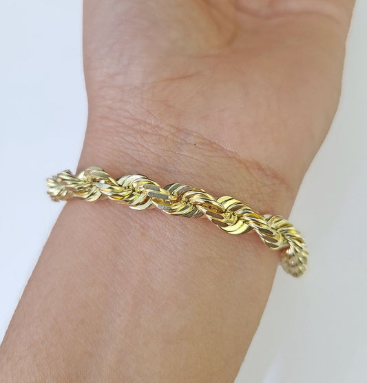 10K Yellow Gold 7.5" 8" 8.5" 9" Rope Bracelet Solid 7mm Men Women Diamond Cut - GoldenlinQ