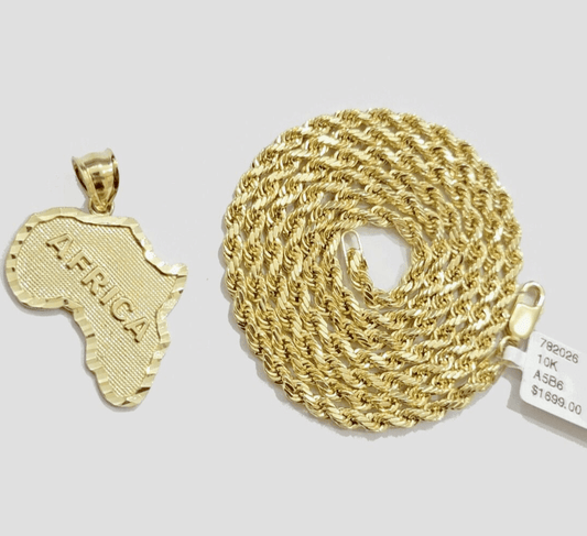 10k Yellow Gold Africa Map Charm Rope Chain 18 Inch Necklace Pendant SET SALE - Reva Jeweler
