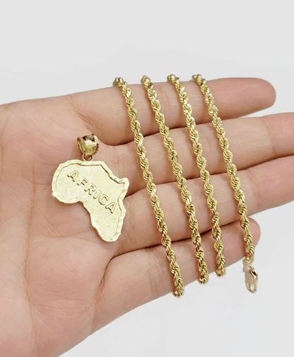10k Yellow Gold Africa Map Charm Rope Chain 18 Inch Necklace Pendant SET SALE - Reva Jeweler
