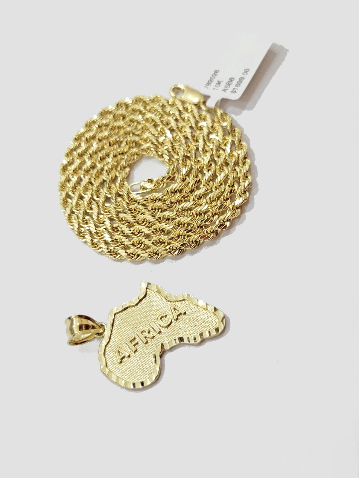 10k Yellow Gold Africa Map Charm Rope Chain 18 Inch Necklace Pendant SET SALE - Reva Jeweler