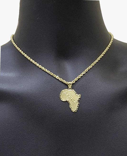 10k Yellow Gold Africa Map Charm Rope Chain 20 Inch Necklace Pendant SET SALE - Reva Jeweler
