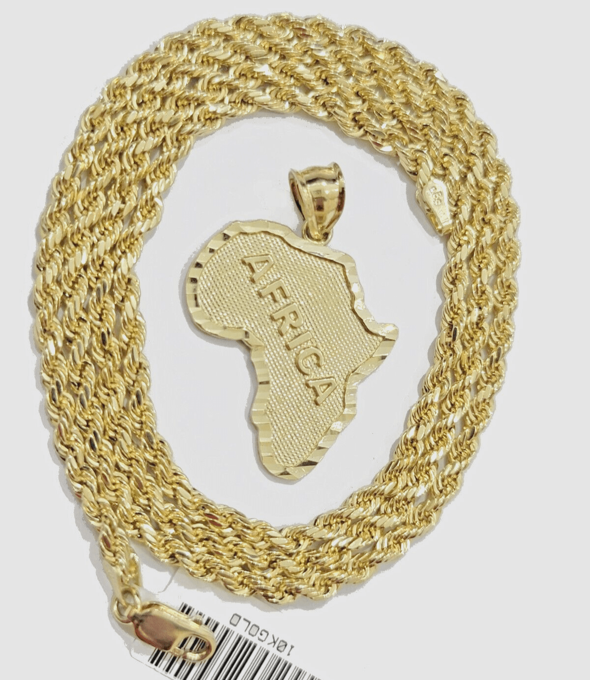 10k Yellow Gold Africa Map Charm Rope Chain 20 Inch Necklace Pendant SET SALE - Reva Jeweler