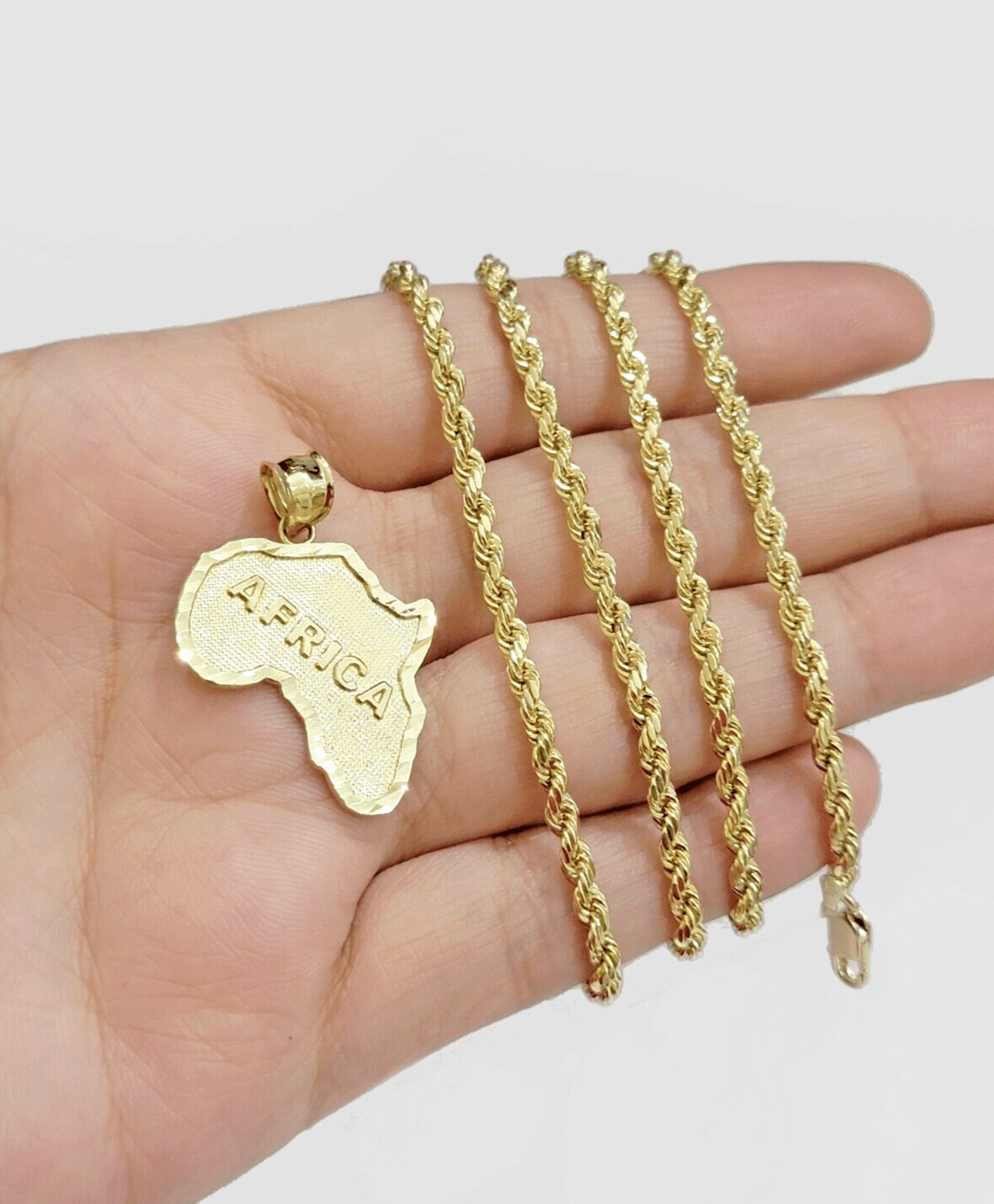 10k Yellow Gold Africa Map Charm Rope Chain 20 Inch Necklace Pendant SET SALE - Reva Jeweler