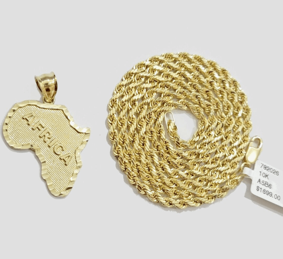10k Yellow Gold Africa Map Charm Rope Chain 24 Inch Necklace Pendant SET SALE - Reva Jeweler