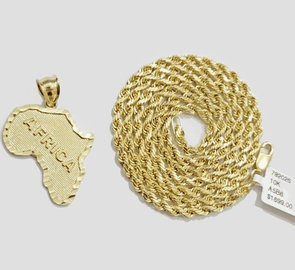 10k Yellow Gold Africa Map Charm Rope Chain 24 Inch Necklace Pendant SET SALE - Reva Jeweler