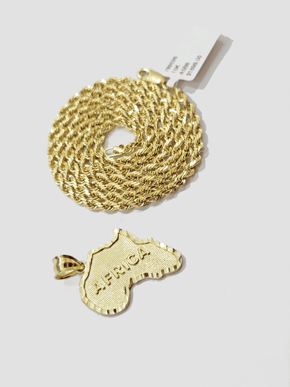 10k Yellow Gold Africa Map Charm Rope Chain 24 Inch Necklace Pendant SET SALE - Reva Jeweler