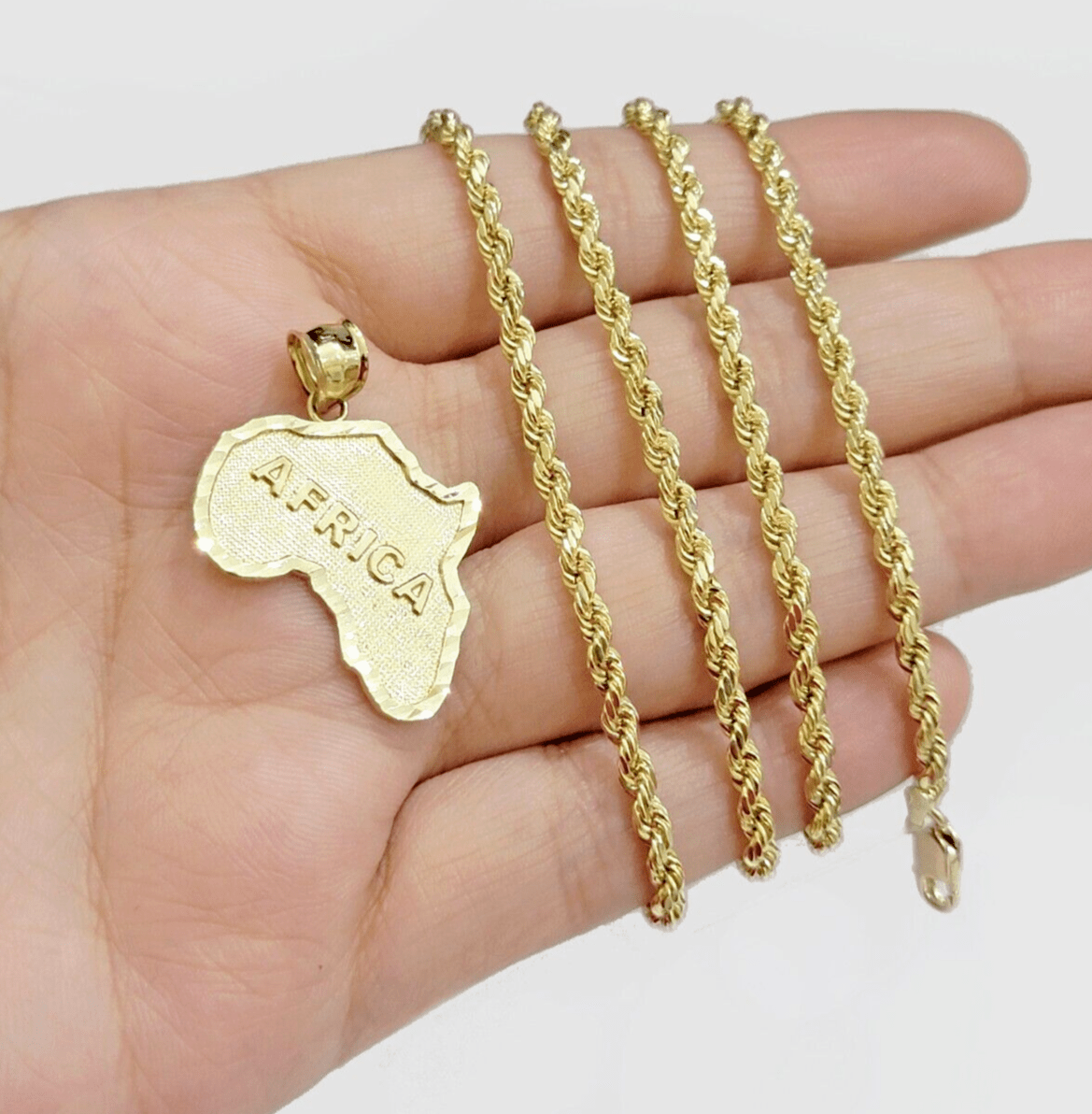 10k Yellow Gold Africa Map Charm Rope Chain 26 Inch Necklace Pendant SET SALE - Reva Jeweler
