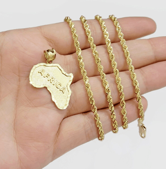 10k Yellow Gold Africa Map Charm Rope Chain 26 Inch Necklace Pendant SET SALE - Reva Jeweler
