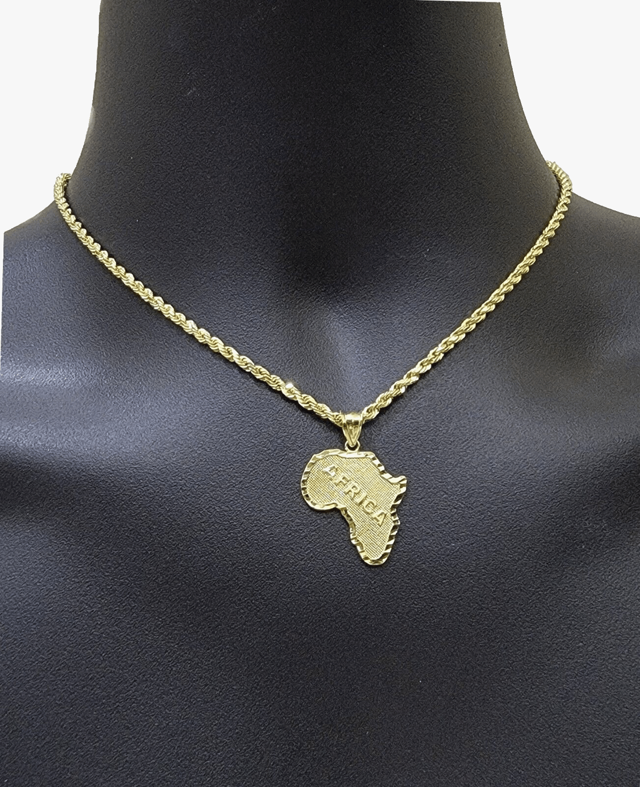 10k Yellow Gold Africa Map Charm Rope Chain 26 Inch Necklace Pendant SET SALE - Reva Jeweler