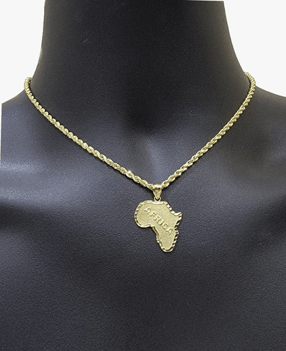 10k Yellow Gold Africa Map Charm Rope Chain 26 Inch Necklace Pendant SET SALE - Reva Jeweler