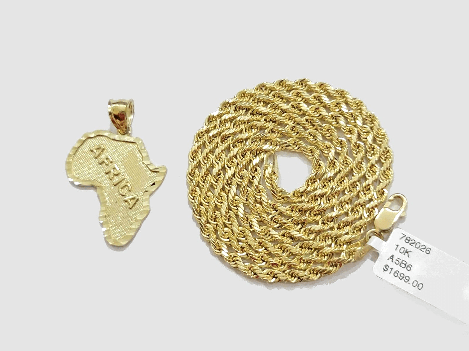 10k Yellow Gold Africa Map Charm Rope Chain Pendant 22 Inch Necklace SALE 10kt - Reva Jeweler