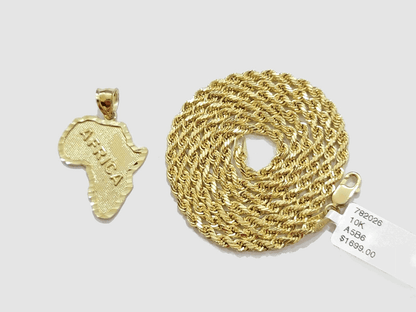 10k Yellow Gold Africa Map Charm Rope Chain Pendant 22 Inch Necklace SALE 10kt - Reva Jeweler