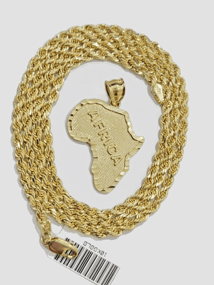 10k Yellow Gold Africa Map Charm Rope Chain Pendant 22 Inch Necklace SALE 10kt - Reva Jeweler