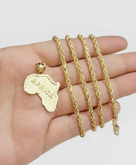 10k Yellow Gold Africa Map Charm Rope Chain Pendant 22 Inch Necklace SALE 10kt - Reva Jeweler