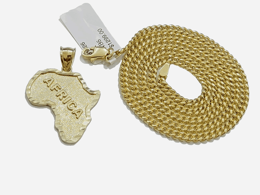 10k Yellow Gold Africa Map Miami Cuban Chain Charm Pendant 18 Inch Necklace SALE - Reva Jeweler