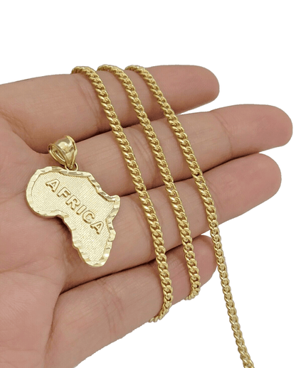 10k Yellow Gold Africa Map Miami Cuban Chain Charm Pendant 18 Inch Necklace SALE - Reva Jeweler
